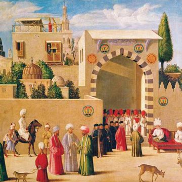 A Mamluk governor and his retinue prepare to receive Venetian consul Niccolò Malipiero in Damascus in 1511. The cupola of the Great Umayyad Mosque is in the background.