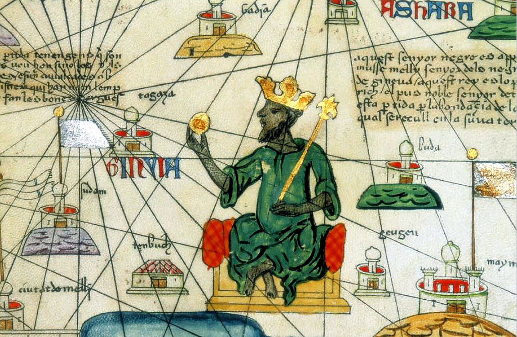 This is a close up view of a famous Catalan Atlas drawn by Abraham Cresques in 1375 in Europe, which depicts Emperor Mansa Musa