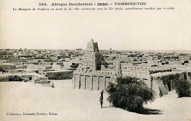 Postcard published by Edmond Fortier showing Sankoré Mosque in Timbuktu, Mali 1905-06 